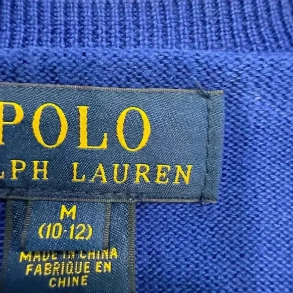 Polo Ralph Lauren boys knit V-Neck sweater.  blue w/elbow patches sz M 10-12 - Picture 6 of 11